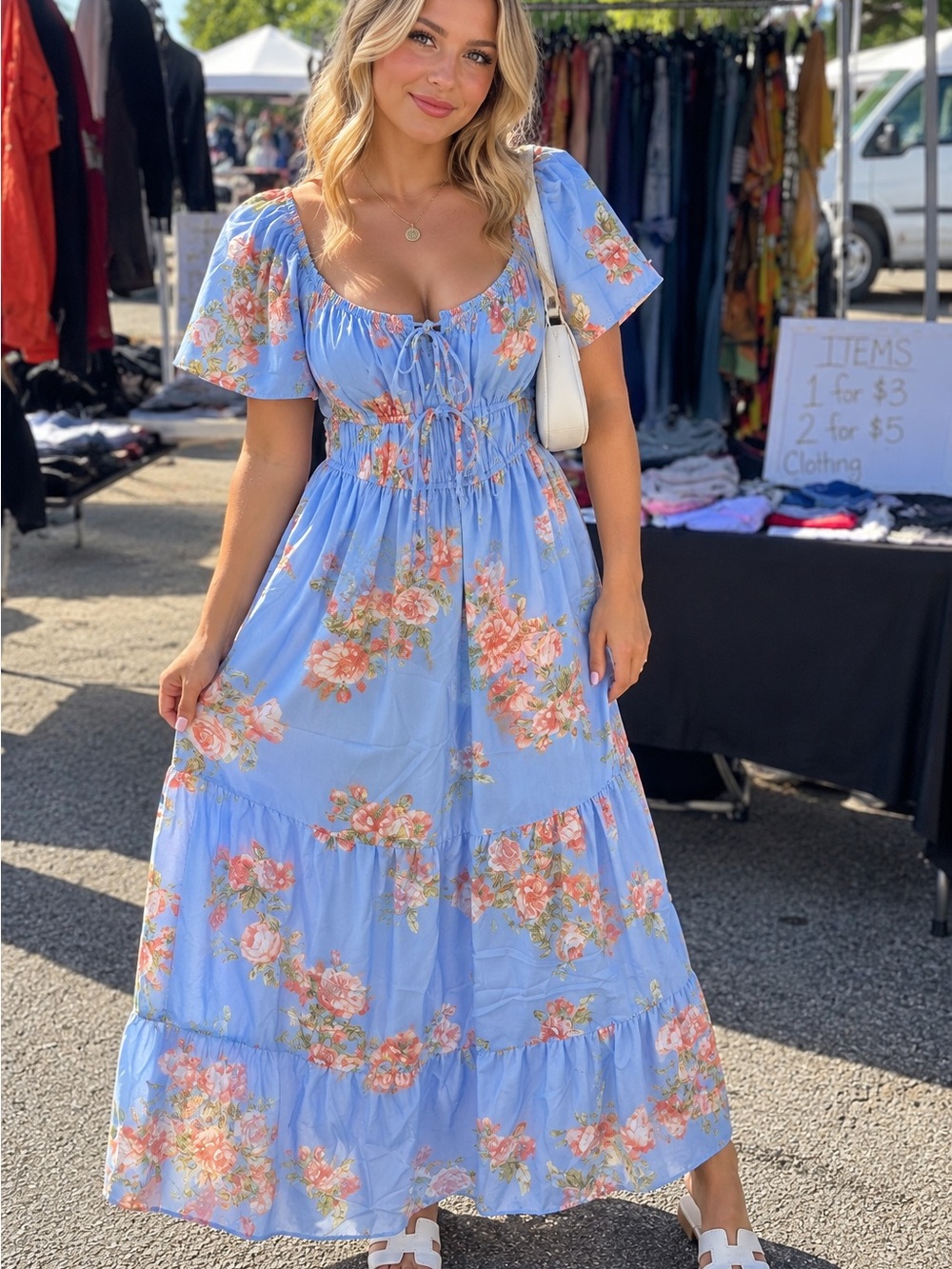 Blush Sky Blue Floral Tie-Front Maxi Dress